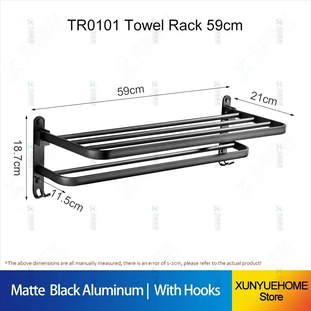 Towel Rack 40-60 CM Folding Holder With Hook Bathroom Accessories Wall Mount Rail Shower Hanger Aluminum Bar Matte Black Shelf