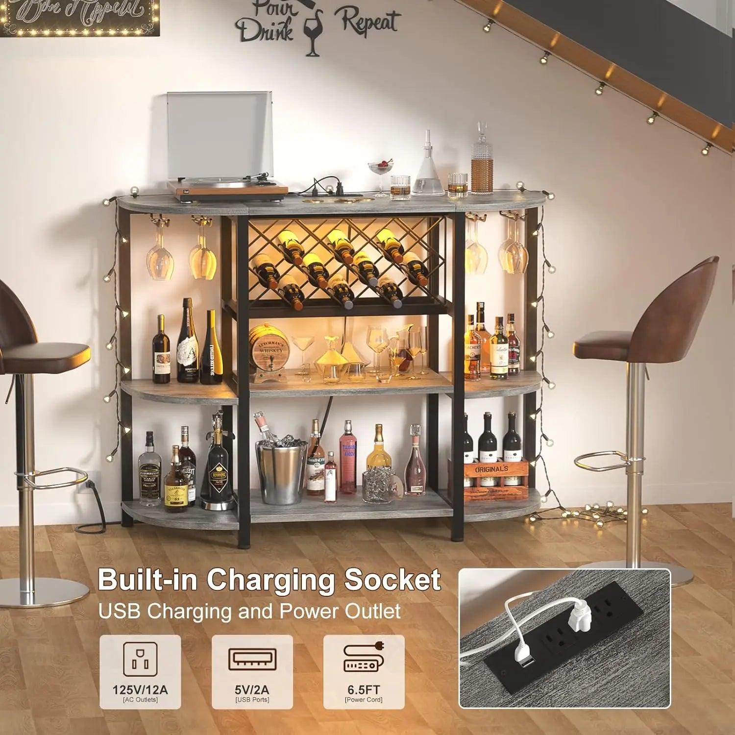 Unikito 4-Tier Metal Coffee Bar Cabinet with Outlet and LED Light, Freestanding Table for Liquor Glass Holder Wine Rack Storage