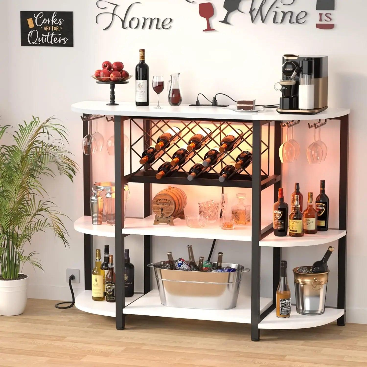 Unikito 4-Tier Metal Coffee Bar Cabinet with Outlet and LED Light, Freestanding Table for Liquor Glass Holder Wine Rack Storage