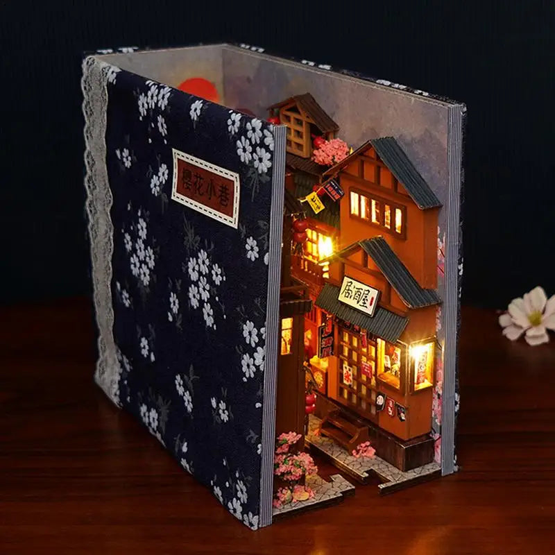 Unique Japanese Style DIY BookNook Kit Decorative Bookend Insert Bookcase Miniature House with LED Light Table Decoration