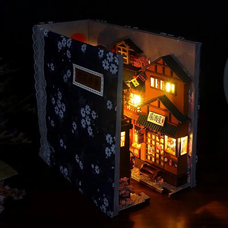 Unique Japanese Style DIY BookNook Kit Decorative Bookend Insert Bookcase Miniature House with LED Light Table Decoration