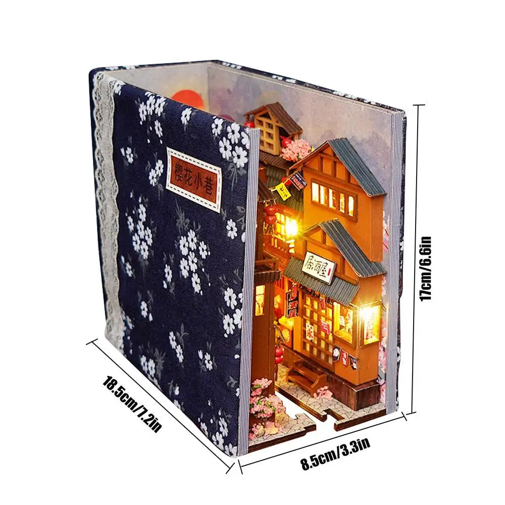 Unique Japanese Style DIY BookNook Kit Decorative Bookend Insert Bookcase Miniature House with LED Light Table Decoration