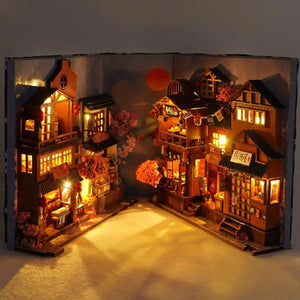 Unique Japanese Style DIY BookNook Kit Decorative Bookend Insert Bookcase Miniature House with LED Light Table Decoration