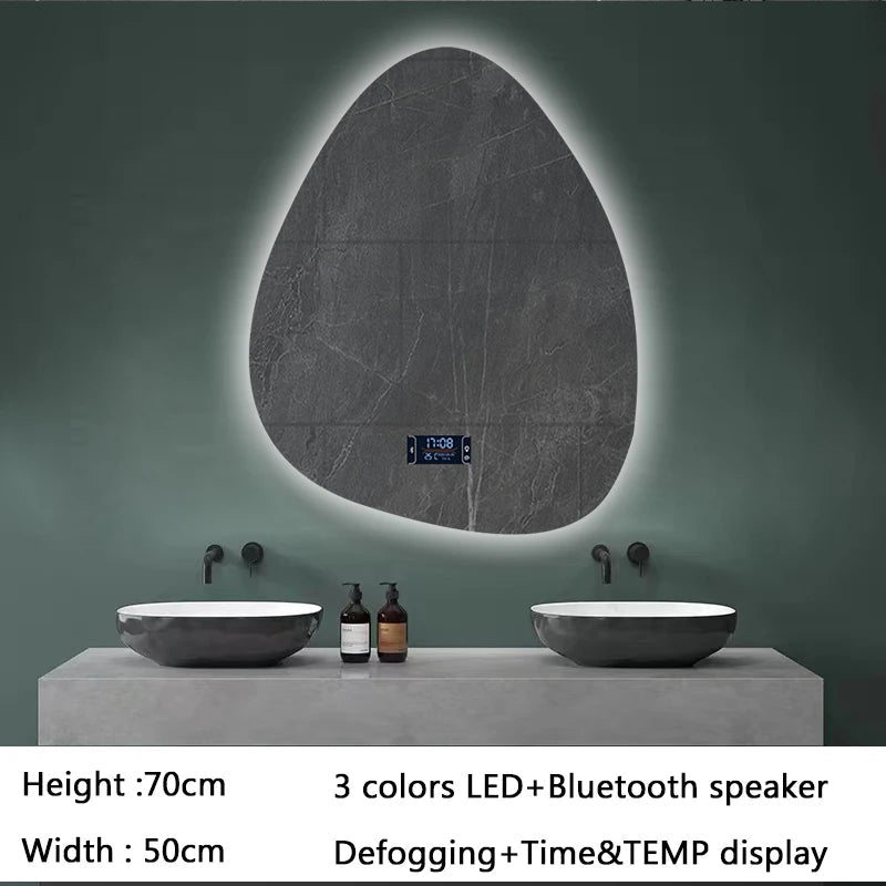 Upright Irregular Bathroom Mirror Smart 3 Color Adjustable LED Multifunction LIght With Bluetooth Speaker For Hotel Cloakroom