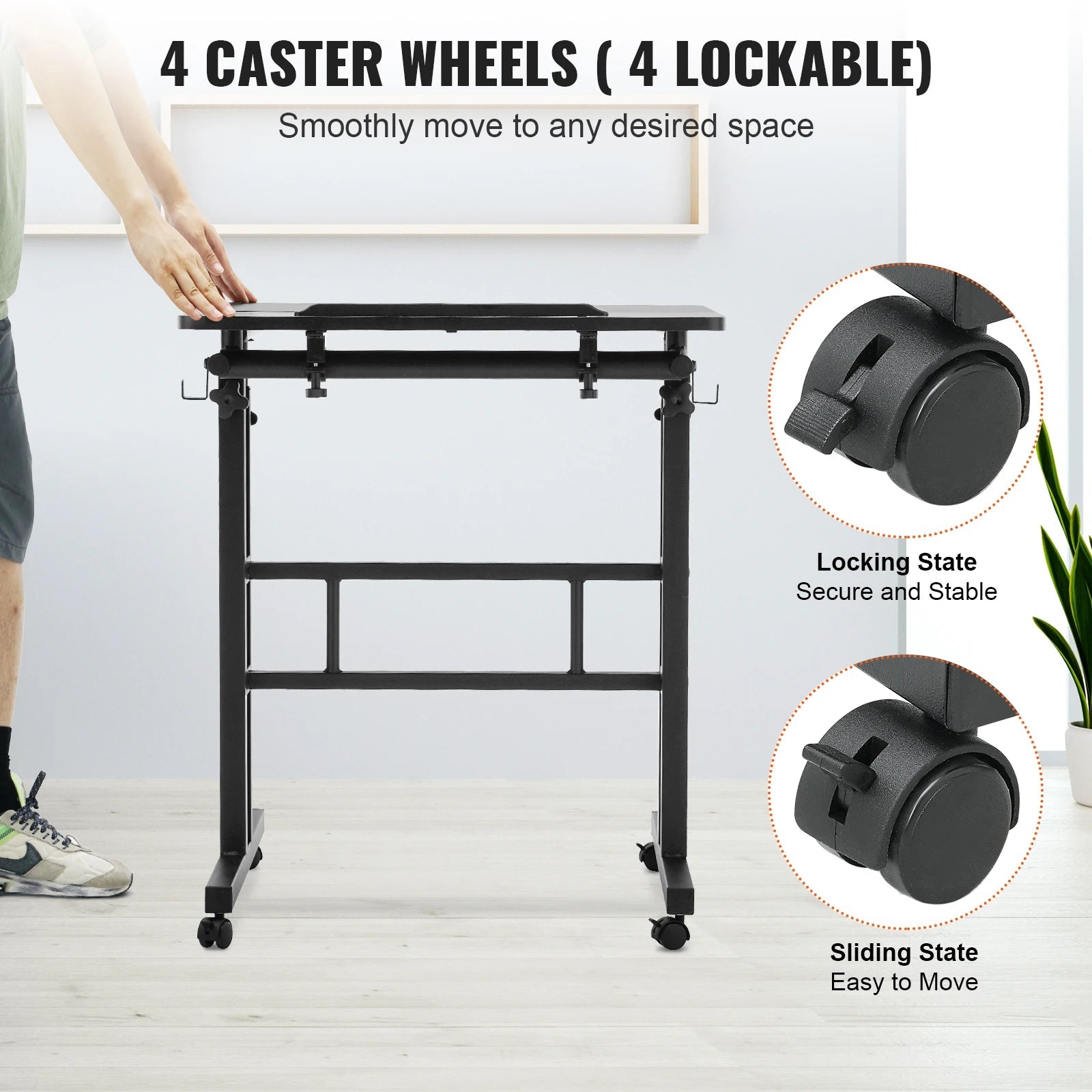 VEVOR 26.4"-44.9" Gas-Spring Height Adjustable Sit-Stand Desk with 360° Swivel Wheels Home Office Rolling Laptop Table Tiltable