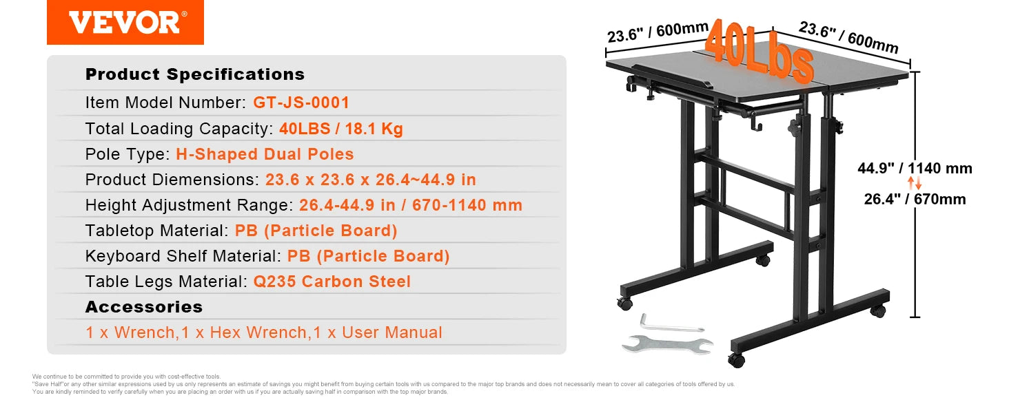 VEVOR 26.4"-44.9" Gas-Spring Height Adjustable Sit-Stand Desk with 360° Swivel Wheels Home Office Rolling Laptop Table Tiltable