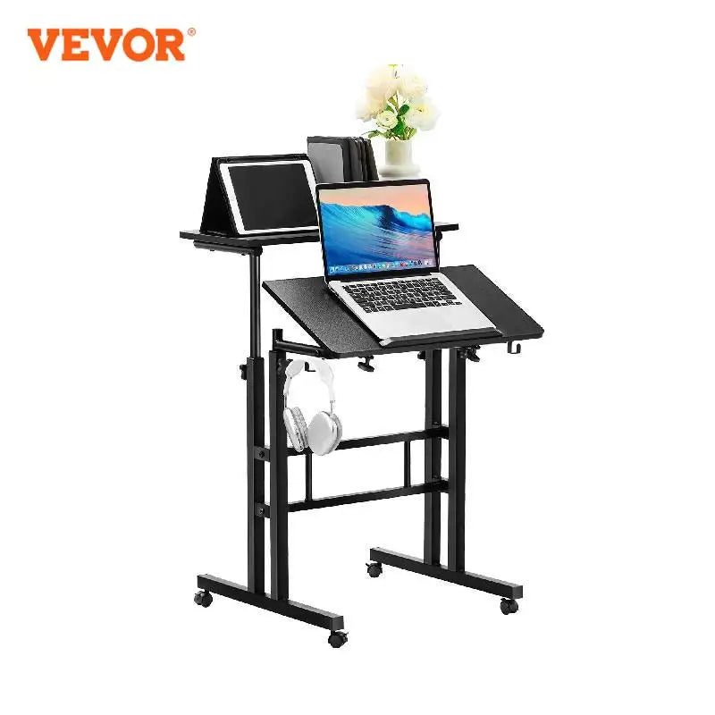 VEVOR 26.4"-44.9" Gas-Spring Height Adjustable Sit-Stand Desk with 360° Swivel Wheels Home Office Rolling Laptop Table Tiltable