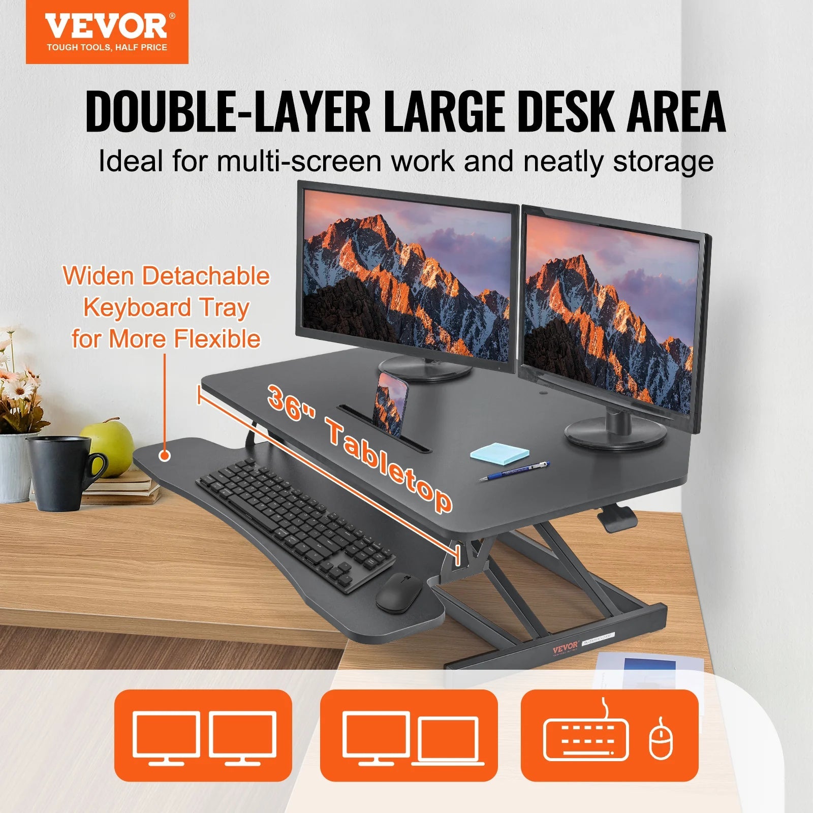 VEVOR Double-Layer Standing Desk Converter 36" x 23.6" Height Adjustable Standing Desk Sit to Stand Converter Stand Up Home Desk