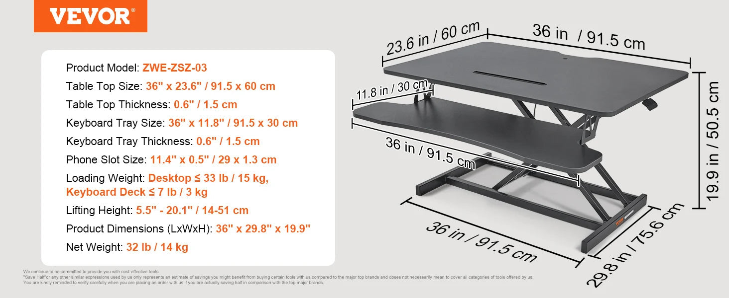 VEVOR Double-Layer Standing Desk Converter 36" x 23.6" Height Adjustable Standing Desk Sit to Stand Converter Stand Up Home Desk