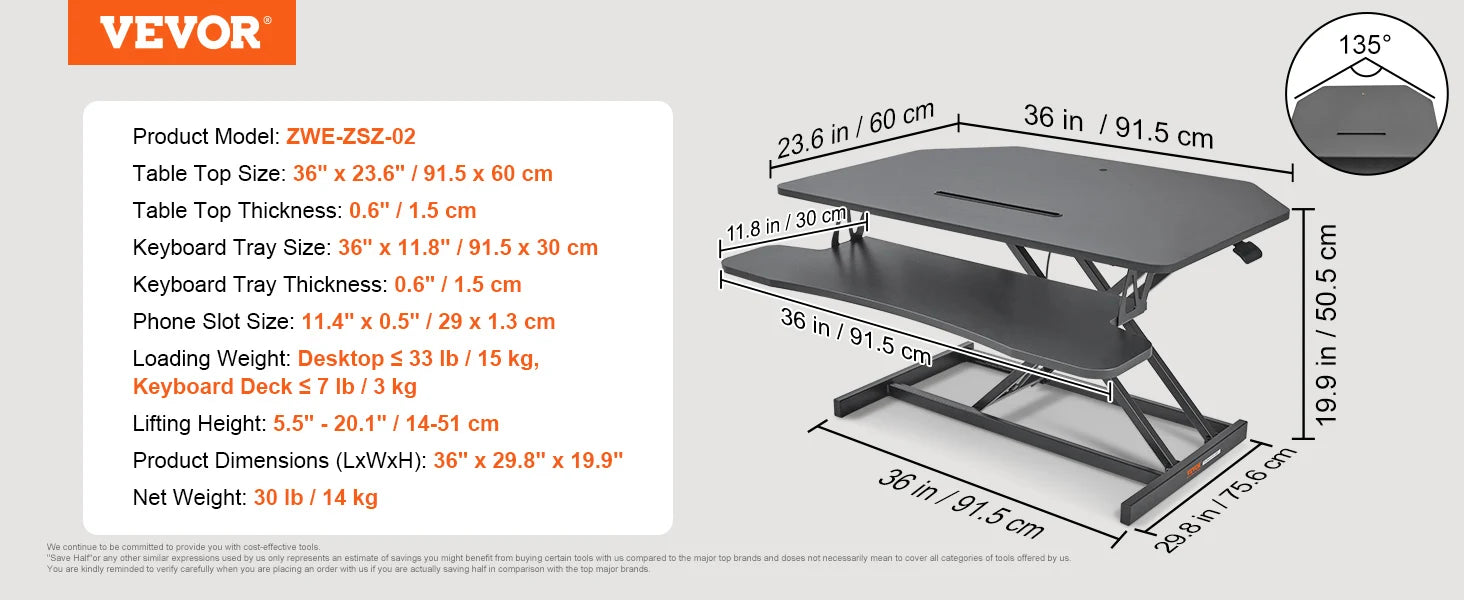 VEVOR Double-Layer Standing Desk Converter 36" x 23.6" Height Adjustable Standing Desk Sit to Stand Converter Stand Up Home Desk