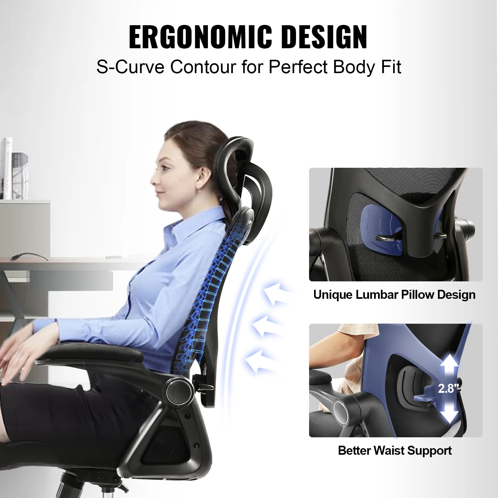 VEVOR Ergonomic Office Chair with Slide Seat/ Mesh Seat/ Adjustable Lumbar Support Angle and Height Adjustable Home Office Chair