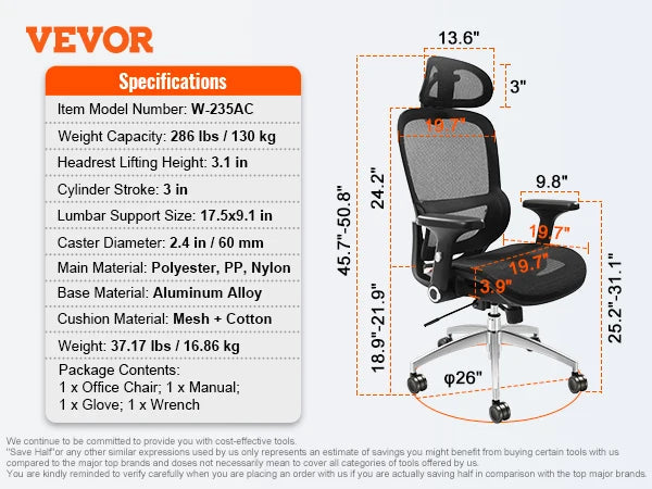 VEVOR Ergonomic Office Chair with Slide Seat/ Mesh Seat/ Adjustable Lumbar Support Angle and Height Adjustable Home Office Chair