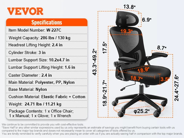 VEVOR Ergonomic Office Chair with Slide Seat/ Mesh Seat/ Adjustable Lumbar Support Angle and Height Adjustable Home Office Chair