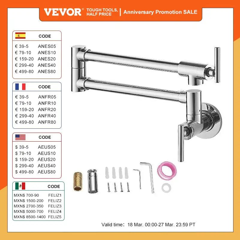 VEVOR وعاء حشو صنبور مزدوج الصلبة النحاس التجاري جدار جبل صنبور المطبخ مع ماتي الأسود النهاية للطي مطعم