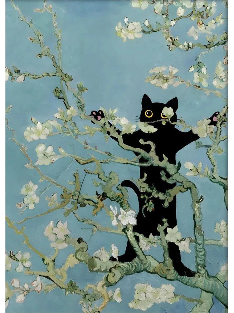 Van Gogh Famous Artworks The Starry Night Black Cat Funny Posters Canvas Painting Masterpiece Reproduction Wall Art Home Decor