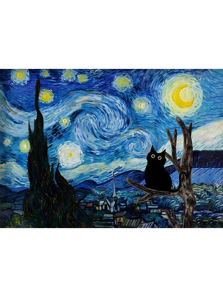 Van Gogh Famous Artworks The Starry Night Black Cat Funny Posters Canvas Painting Masterpiece Reproduction Wall Art Home Decor