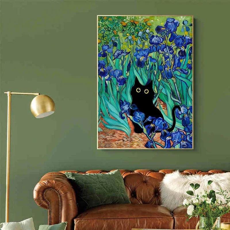 Van Gogh Famous Artworks The Starry Night Black Cat Funny Posters Canvas Painting Masterpiece Reproduction Wall Art Home Decor