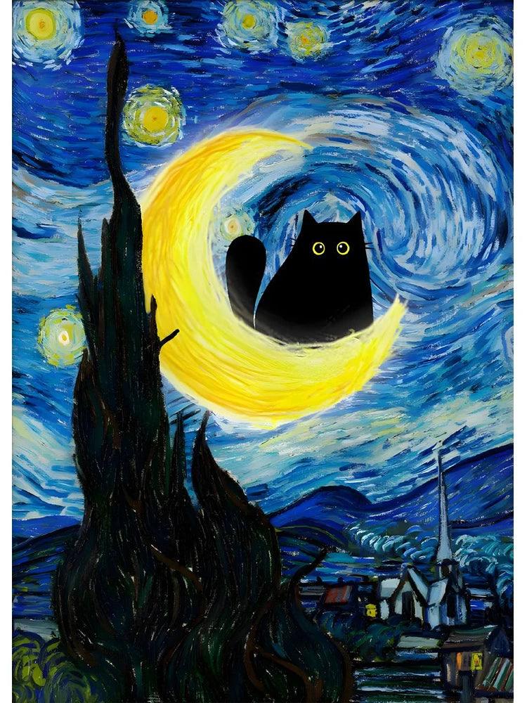 Van Gogh Famous Artworks The Starry Night Black Cat Funny Posters Canvas Painting Masterpiece Reproduction Wall Art Home Decor