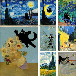 Van Gogh Famous Artworks The Starry Night Black Cat Funny Posters Canvas Painting Masterpiece Reproduction Wall Art Home Decor