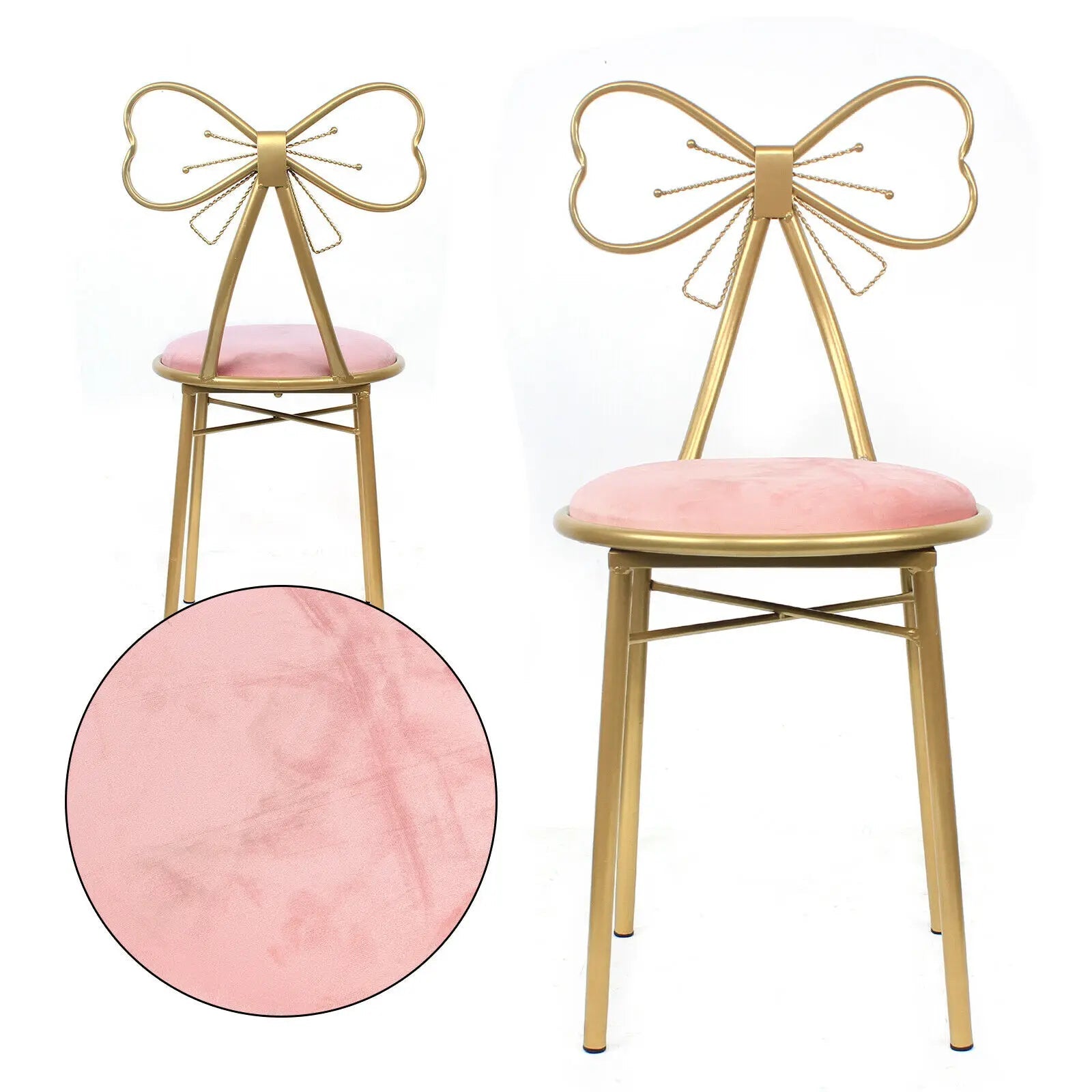 Vanity Chair Pink Velvet Cushion Gold Butterfly Makeup Leisure Chair Living Room Makeup Stool Chair Seat W/ Golden Metal Legs