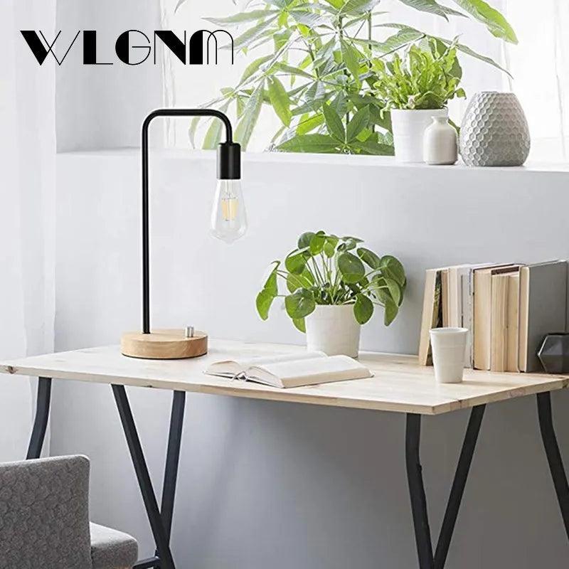 WLGNM Retro Desk Table Lamp Lights For Bedroom Bedside Dimmable Wrought Iron Wooden Creative Home Deco Desktop Decoration Lights