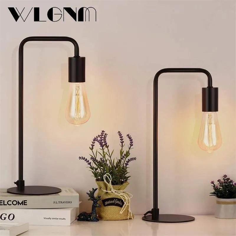 WLGNM Retro Desk Table Lamp Lights For Bedroom Bedside Dimmable Wrought Iron Wooden Creative Home Deco Desktop Decoration Lights