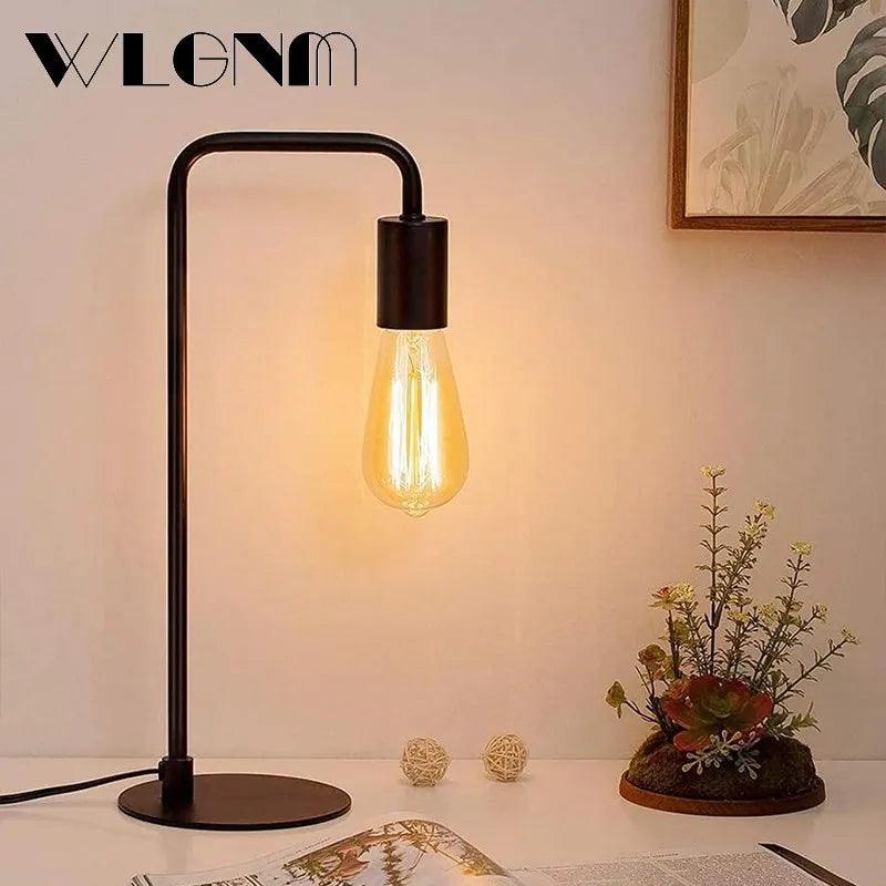 WLGNM Retro Desk Table Lamp Lights For Bedroom Bedside Dimmable Wrought Iron Wooden Creative Home Deco Desktop Decoration Lights