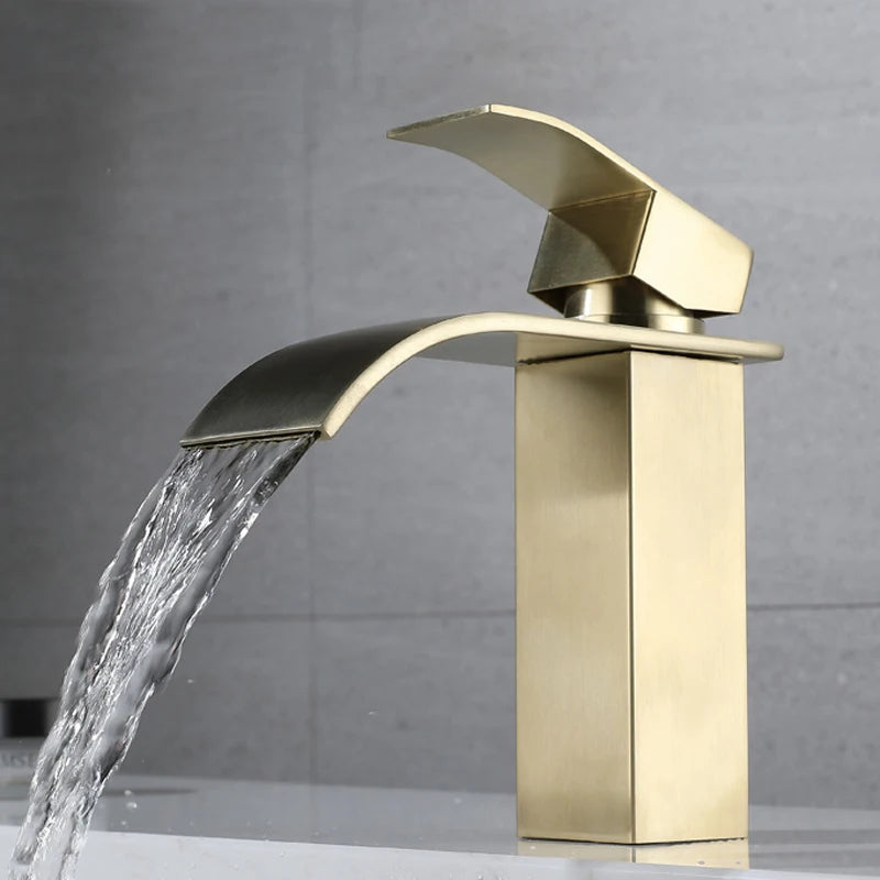 Grifo de lavabo de cascada, grifo de fregadero de Oro pulido de acero inoxidable montado en cubierta, mezclador de agua caliente y fría, grifos de recipiente de tocador de baño