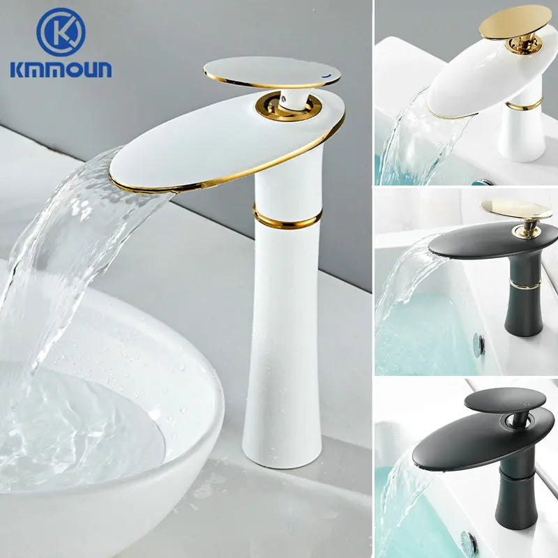 Grifo de lavabo de cascada, mezclador frío y caliente de oro blanco, grifo de lavabo de latón negro, grifo de Mezclador de Baño alto, grifo de ferretería para el hogar