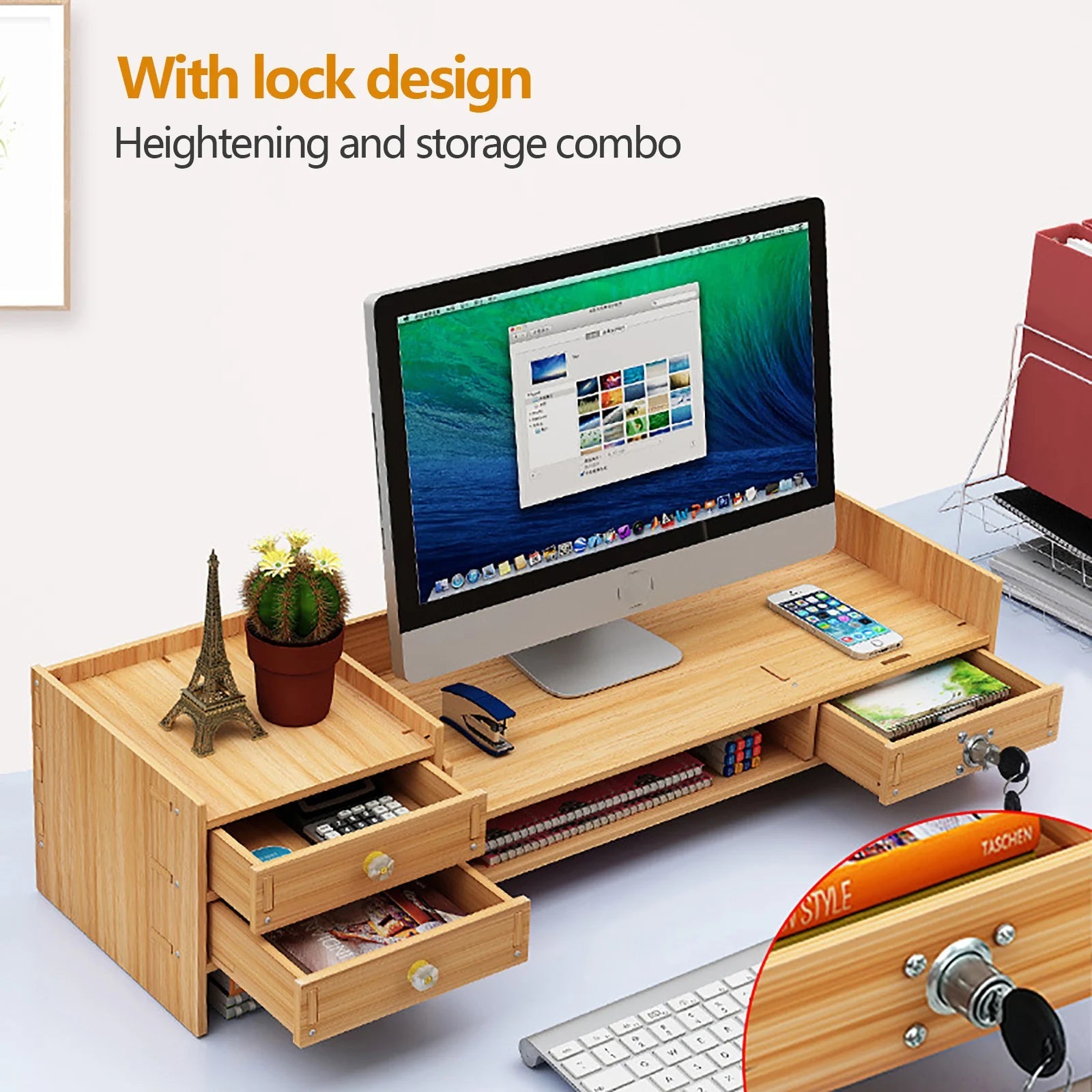 Wooden Desk Organizer with Drawers Office Supplies Computer Desktop Tabletop Computer Desk