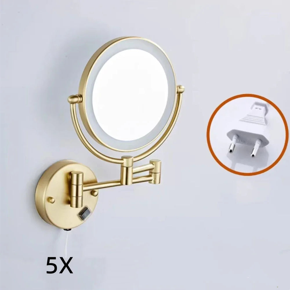 bathroom Makeup Mirrors Black/Brushed Gold Brass Wall Extending Folding Double Side LED Light Mirror Magnification Bath Mirror