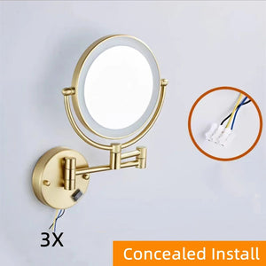 bathroom Makeup Mirrors Black/Brushed Gold Brass Wall Extending Folding Double Side LED Light Mirror Magnification Bath Mirror