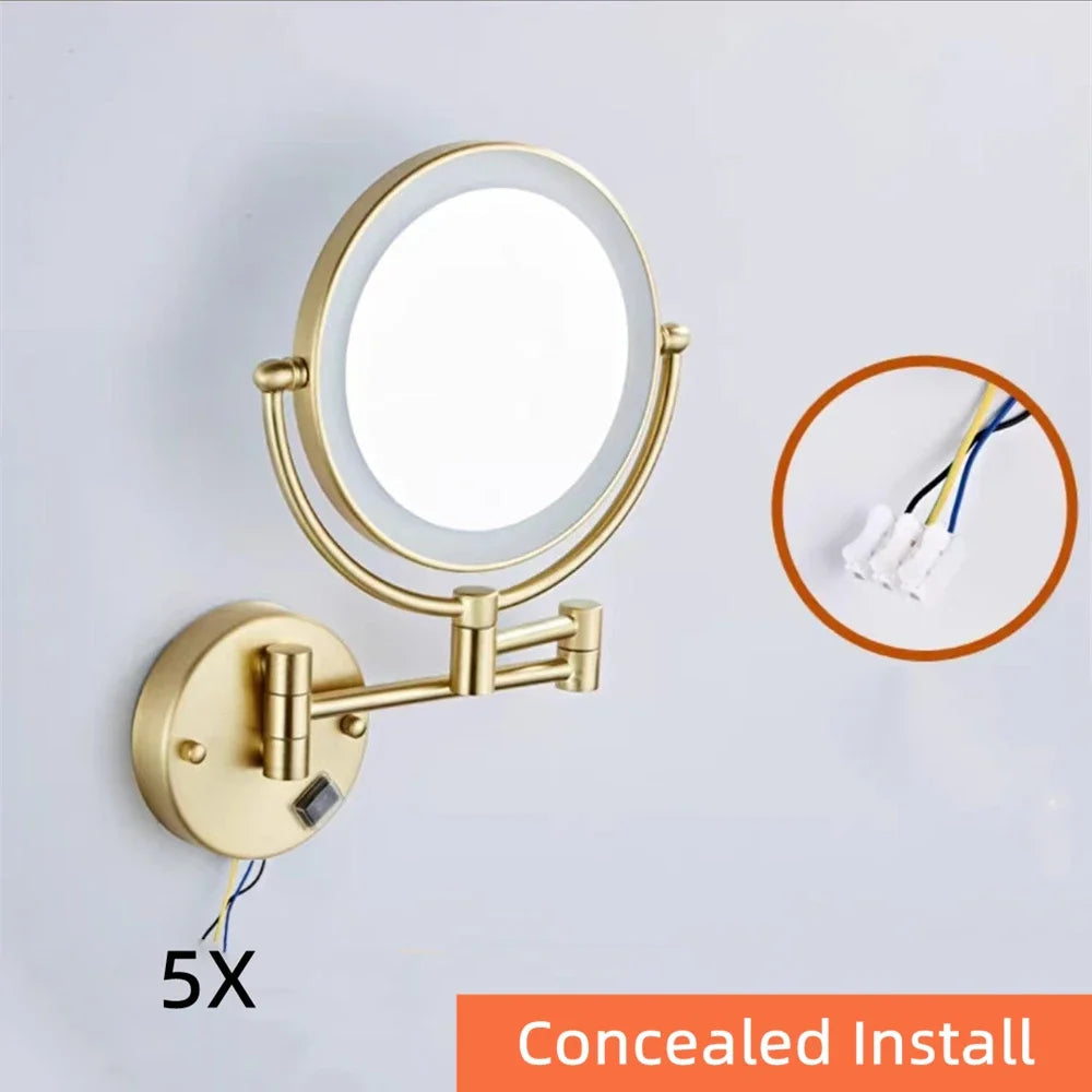 bathroom Makeup Mirrors Black/Brushed Gold Brass Wall Extending Folding Double Side LED Light Mirror Magnification Bath Mirror