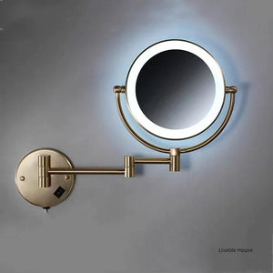 bathroom Makeup Mirrors Black/Brushed Gold Brass Wall Extending Folding Double Side LED Light Mirror Magnification Bath Mirror