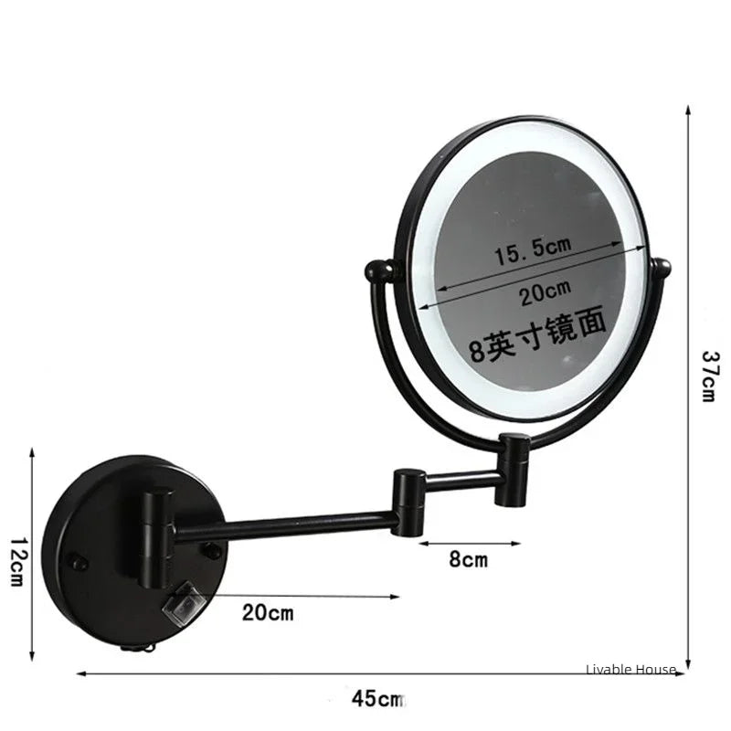 bathroom Makeup Mirrors Black/Brushed Gold Brass Wall Extending Folding Double Side LED Light Mirror Magnification Bath Mirror