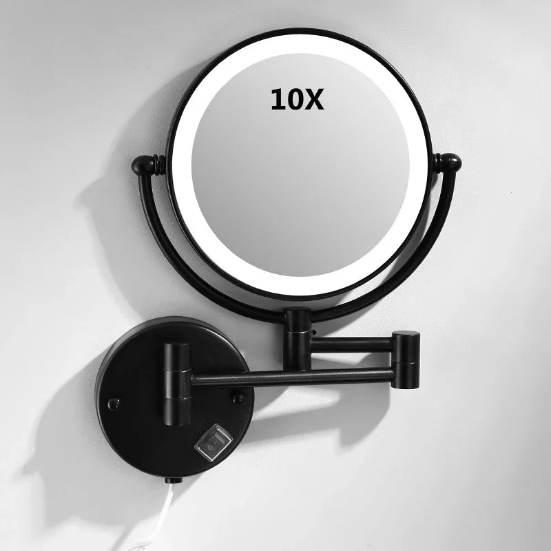 bathroom Makeup Mirrors Black/Brushed Gold Brass Wall Extending Folding Double Side LED Light Mirror Magnification Bath Mirror